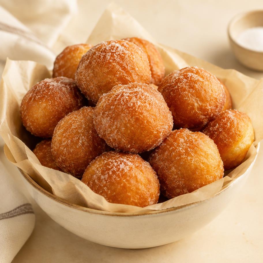 Golden puff puff dusted with sugar in a cream bowl