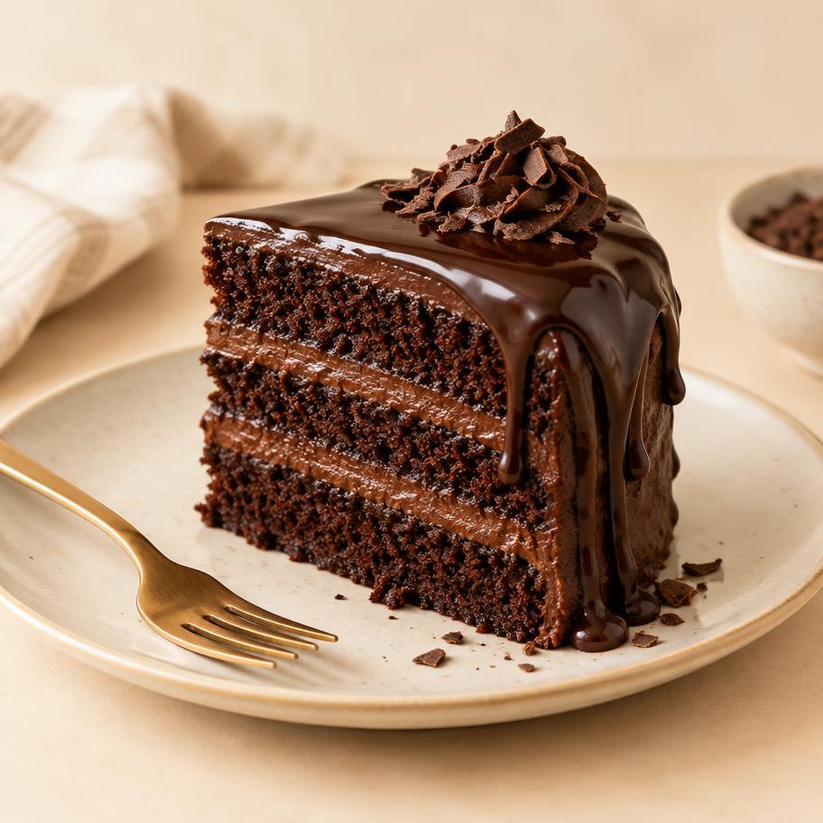 Slice of rich chocolate layer cake with ganache drip