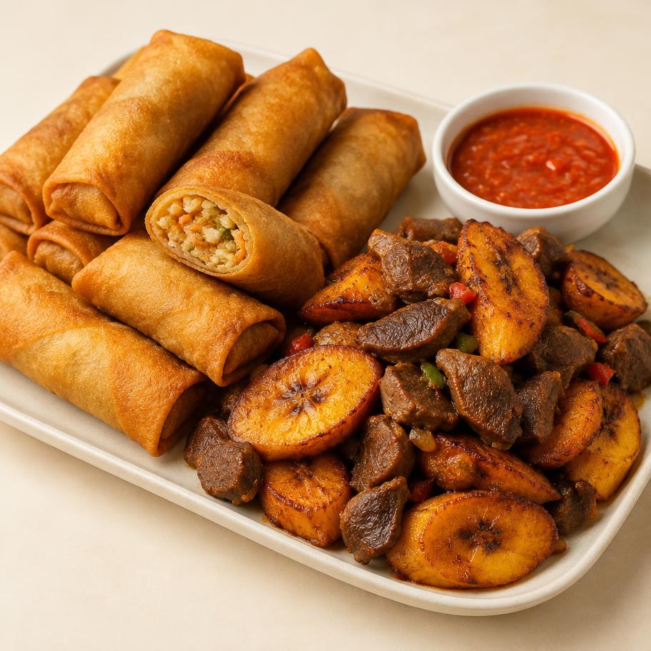 Spring rolls and gizzard dodo served with pepper sauce