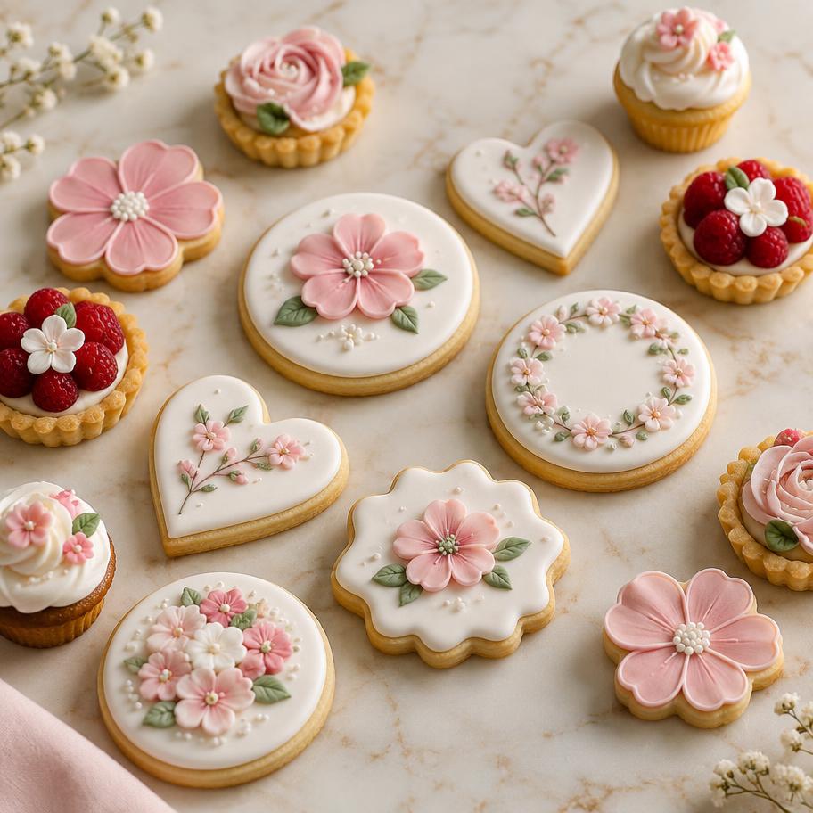 Decorated cookies and mini pastries with pink icing flowers