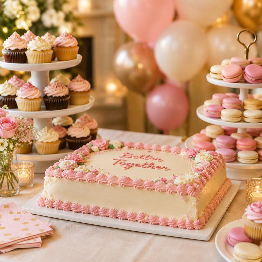Celebration dessert table styled with cakes and cupcakes