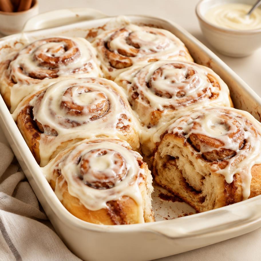 Freshly baked cinnamon rolls with cream cheese icing