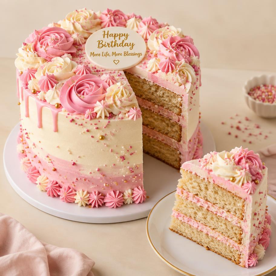Pastel pink and cream birthday cake with a slice cut out