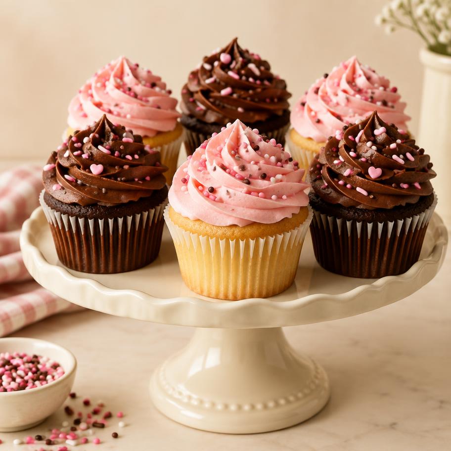 Cupcakes with swirled pink and chocolate buttercream on a cream stand