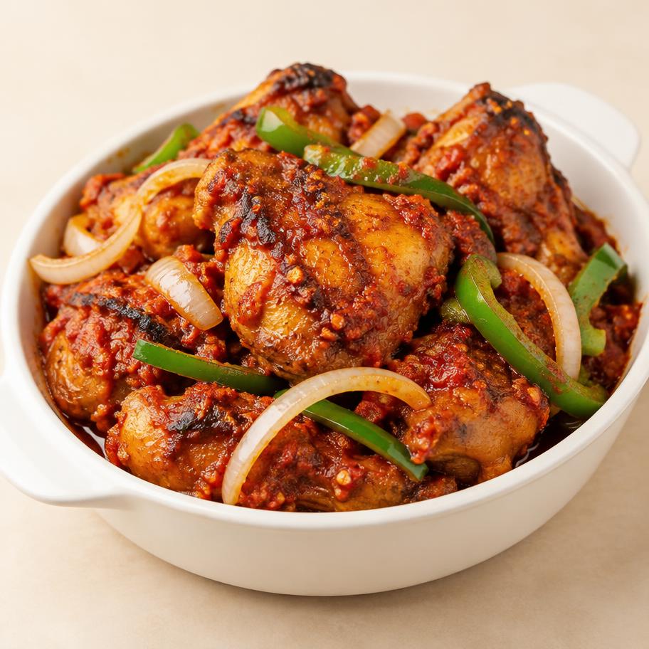 Spicy Nigerian peppered chicken with peppers and onions
