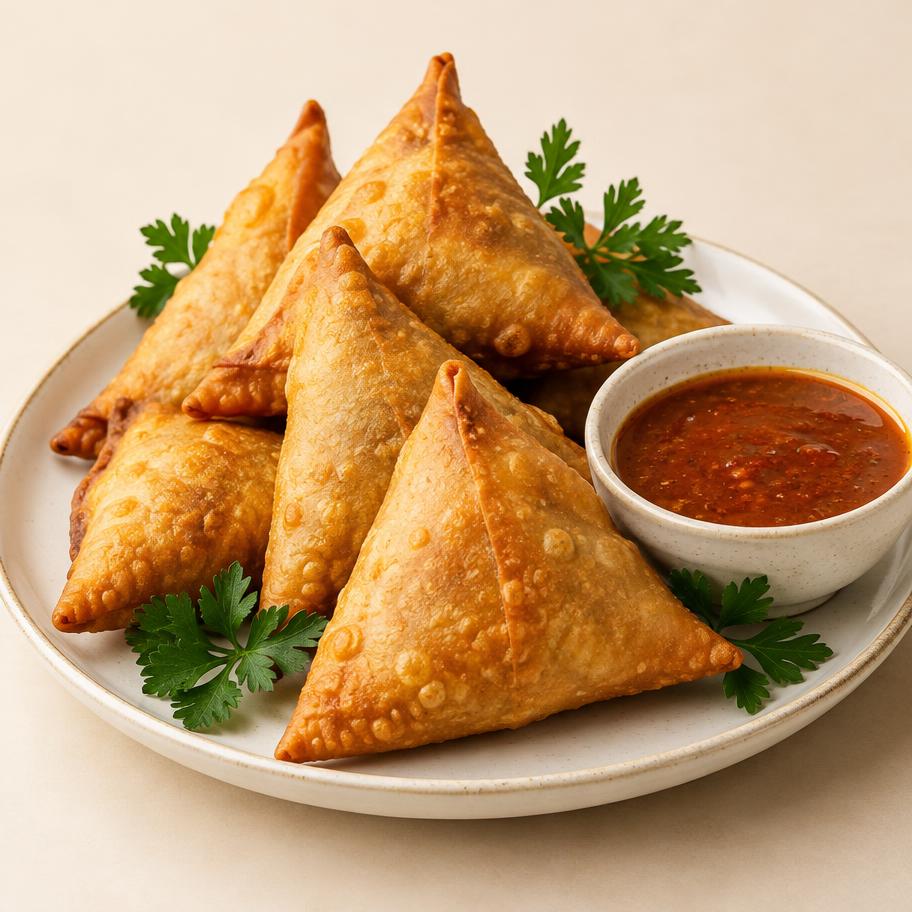 Golden crispy samosas on a plate with dipping sauce