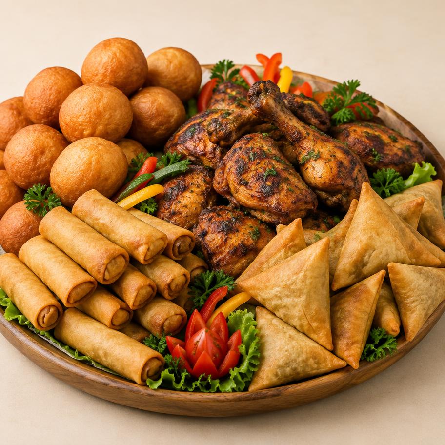 Nigerian small chops platter with puff puff, spring rolls, samosas and chicken