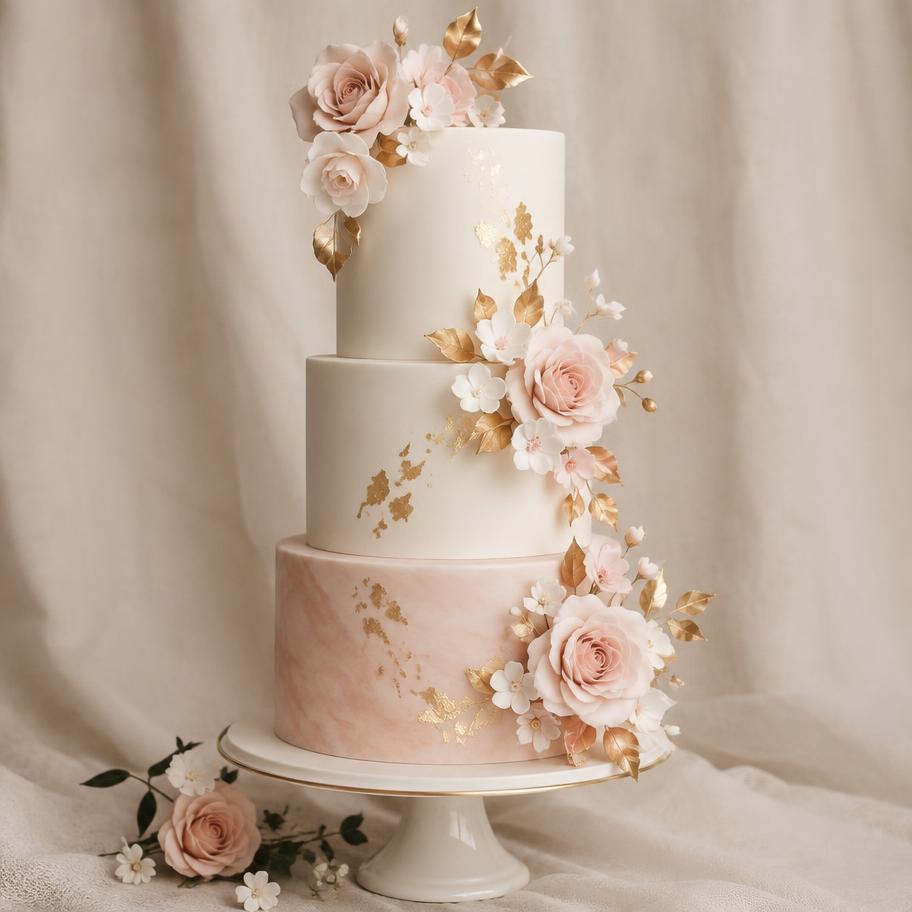 Elegant three-tier white and blush wedding cake with sugar flowers